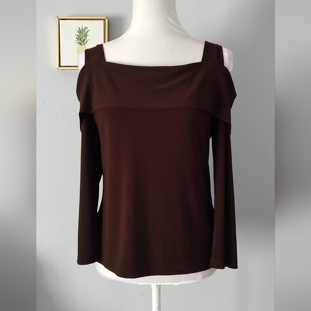 Blouse Off Shoulder Nabi Top Small Brown Polyester Spandex Good Condition